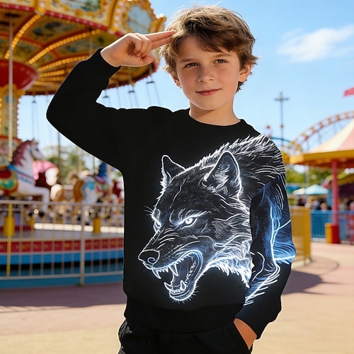 Jungen 3D Grafik Wolf Sweatshirt Pullover Langarm 3D-Druck Frühling Herbst Aktiv Mode Streetwear Kinder 4-12 Jahre Rundhalsausschnitt Lässig Täglich Outdoor Normale Passform Image