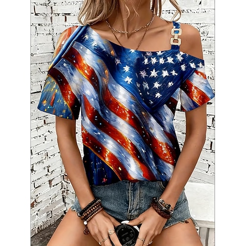 Amerikanischer Unabhängigkeitstag Damen T Shirt Druck Asymmetrisch Grafik Amerikanische Flagge Vintage Mode Lässig Kurzarm Ein-Schulter Normale Oberteile Täglich Ausgehen Wochenende Blau Rote Sommer Image