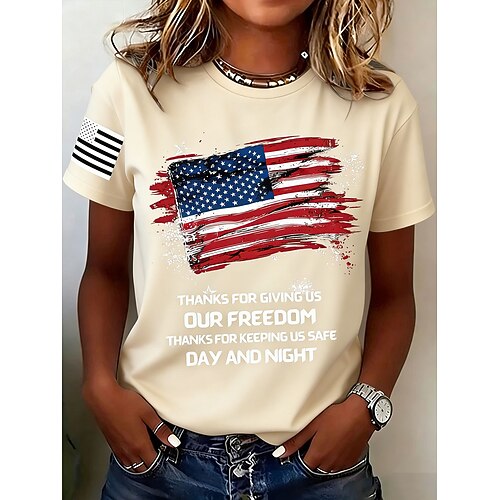 Amerikanischer Unabhängigkeitstag Damen T Shirt Druck Grafik Flagge Buchstabe Vintage Stilvoll Klassisch Kurzarm Rundhalsausschnitt Normale Oberteile Täglich Blau Schwarz Rote Grün Beige Sommer Image