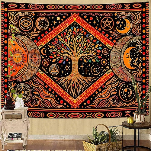 Lebensbaum, Sonne und Mond, himmlischer Wandteppich mit mystischen okkulten Symbolen, orange-schwarz, Boho-Stil, Wandbehang, Wohndekoration, Schlafzimmer, Wohnzimmer, Yoga-Hintergrund Image