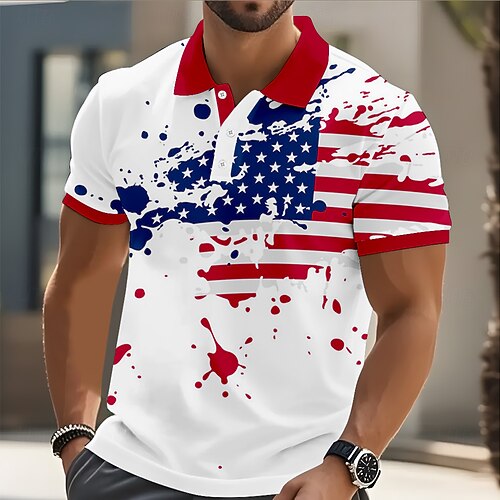 4. Juli 2026 250. Herren Amerikanische Flagge Poloshirts Kurzarm Polo-Shirts Hemden mit Kragen Lässig Athleisure Knöpfe Frühling Sommer Blau Weiß Rote Image