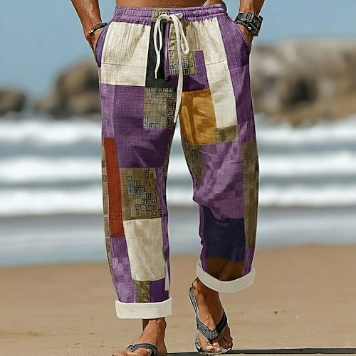 Herren Geometrisch Farbblock Patchwork Hose Baggy-Hosen Freizeithose Mittlere Taille Mode Heim Outdoor Urlaub Elastischer Kordelzug in der Taille Leinenähnliche Hose mit Taschen Sommer Frühling Image