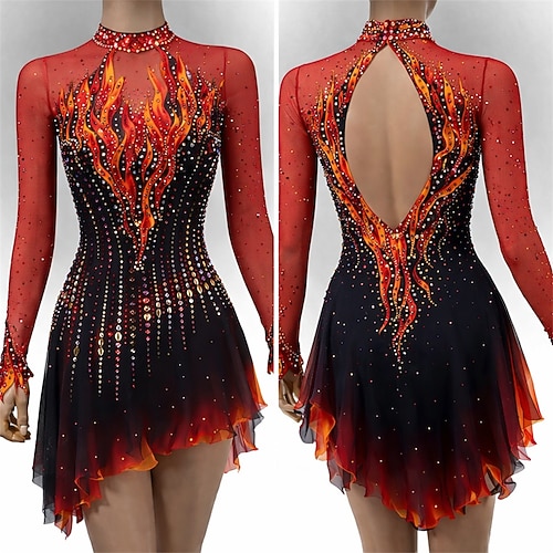 Eiskunstlaufkleid Damen Eislaufen Kleid Schwarz Rrot Patchwork Offener Rücken Hohe Elastizität Training Wettbewerb Eiskunstlaufkleidung Klassisch Kristall / Strass Langarm Eislaufen Eiskundstlauf Image