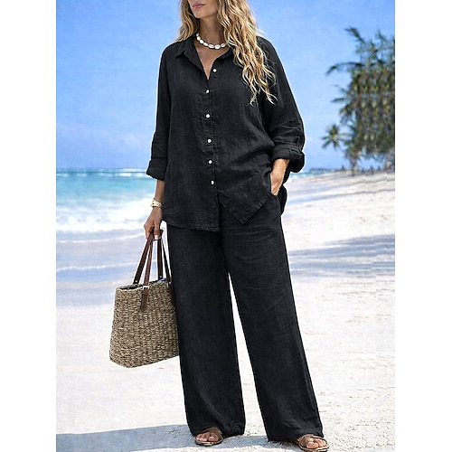 Damen Hosen-Sets Bolero Kunstbaumwollleinen Langarm Hemdkragen Einfarbig Mode Streetwear Lässig Täglich Outdoor Blau Schwarz Weiß Sommer Lässiger Schnitt Image