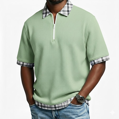 Herren-Polohemden aus Piqué, lässig, für jeden Tag, mit Viertelreißverschluss, Kurzarm, modisch, Basic, kariert, schlicht, mit Reißverschluss, Sommer, ganzjährig, lockere Passform, blau, weiß, Image