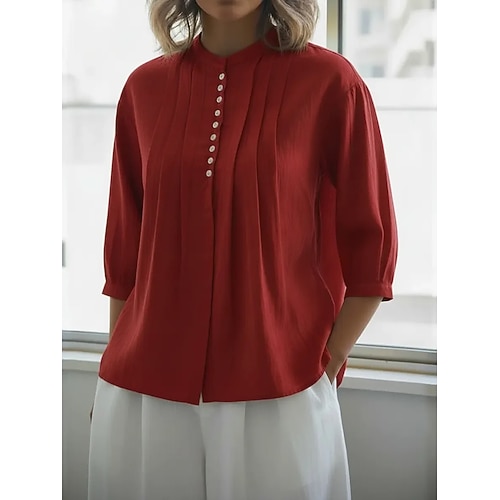 Damen Hemd Durchgeknöpft Hemd Freizeithemd Bluse Plissiert Knöpfe Einfarbig Einfach Stilvoll Klassisch Modern Langarm Stehkragen Normale Oberteile Täglich Ferien Ausgehen Blau Weiß Gelb Rote Grün Image