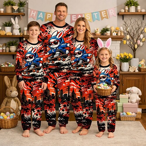 Familie Ostern Schlafanzug Grafik Hase Lässig Druck Weiß Dunkelrot Rote Langarm Urlaub Passende Outfits Image