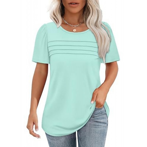 Damen T Shirt T-Shirt Gerafft Einfarbig Mode Stilvoll Klassisch Kurzarm Rundhalsausschnitt Normale Oberteile Täglich Ausgehen Wochenende Schwarz Weiß Marineblau Purpur Orange Sommer Frühling Image