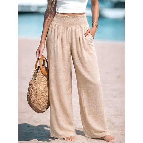 Damen Weites Bein Chinos Sommerhose Urlaub Mode Streetwear Volle Länge Hohe Taille Einfach Tasche Elastischer Bund Bequem Komfort Weich Dehnbar Outdoor Urlaub Straße Blau Apfel Grün Schwarz Weiß Image