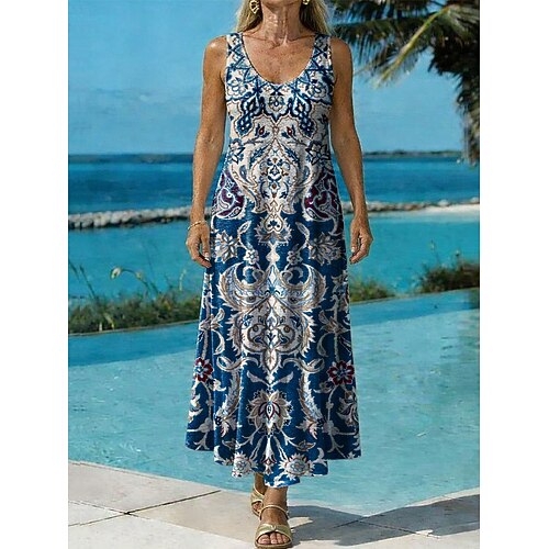 Damen Maxikleid A Linie Kleid Lässig Strand Normale Passform Grafik Paisley-Muster Ärmellos V Ausschnitt U-Ausschnitt Blau Sommer Frühling Image