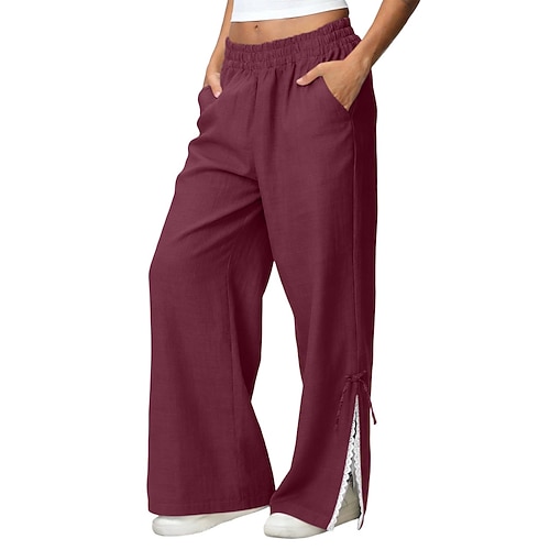 Damen Weites Bein Chinos Sommerhose Streetwear Lässig Volle Länge Mittlere Taillenlinie Einfach Tasche Elastischer Bund Geteilt Bequem Komfort Unelastisch Täglich Outdoor Straße Graues Grün Image