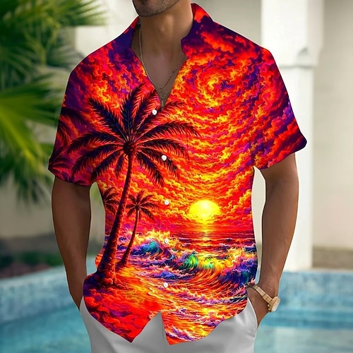 Herren Kokospalme Sonnenuntergang Tropische Pflanzen Sommer Hawaiihemd Knopfhemd Alohahemd Kurzarm Hawaiianisch Urlaub Sommer Frühling Umlegekragen 3D-Druck Hemden mit Kragen Eine Tasche vorne Blau Image