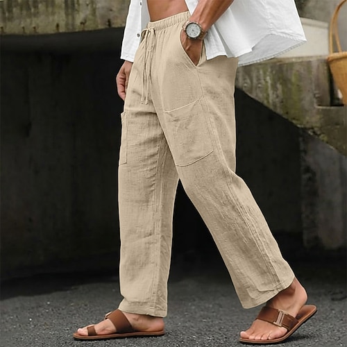 Herren Leinenhosen Sommerhose Baggy-Hosen Kordelzug Tasche Elastischer Bund Einfach Komfort Atmungsaktiv Volle Länge Lässig Täglich Outdoor Urlaub Mode Schwarz Grün Unelastisch Image