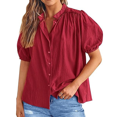 Damen Hemd Freizeithemd Knopfhemd Bluse Knöpfe Einfarbig Einfach Urlaub Mode Täglich Kurzarm Stehkragen Normale Oberteile Täglich Ferien Strandbekleidung Weiß Armeegrün Rote Ziegelrot Sommer Frühling Image