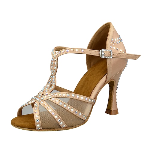 Damen-Latein-Tanzschuhe mit Strasssteinen und weicher Wildledersohle – elegante Satin-T-Riemen-Ballsaal-Absätze für Salsa, Tango, Bachata und Performance-Events