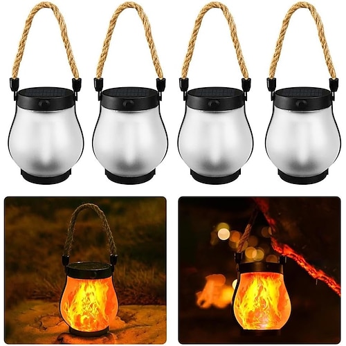 Solar-Flammenlaternen, flackernde Hängeleuchten für den Außenbereich, wasserdicht (IP65), 2 Modi, dualer USB-/Solarbetrieb, automatische Ein-/Ausschaltfunktion für Garten, Hof, Terrasse, Veranda, Image