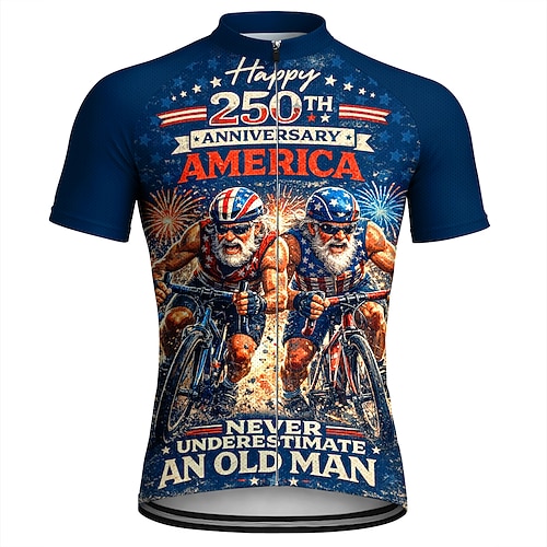 Amerikas 250. Jahrestag Tag der Unabhängigkeit Herren Radtrikot Downhill-Trikot Unterschätze niemals einen alten Mann mit einem Fahrrad Kurzarm Fahhrad Trikot T-Shirt mit 3 Gesäßtaschen UV-beständig Image
