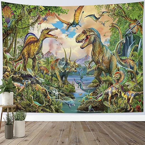 Dinosaurierwelt, Jura, T-Rex, Triceratops, Vulkan, tropischer Dschungel – Wandteppich für Kinderzimmer, Jungenspielzimmer, Geburtstagsfeier, prähistorische Naturlandschaft Image