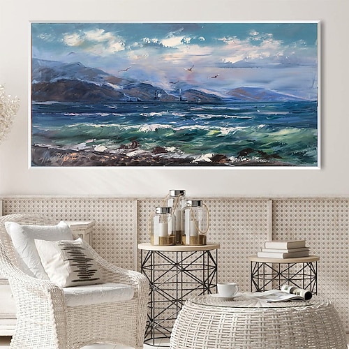 Handgemaltes Meereslandschaftsgemälde, handgefertigtes Ölgemälde an der kalifornischen Küste, blaues Meeresgemälde, Wandkunst mit Goldrahmen, Meeresgemälde, Szenenkunst, großes Küstengemälde, gerahmt Image