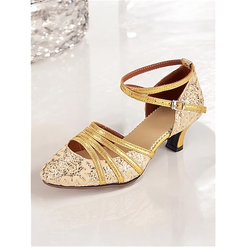 golden funkelnde Damen Latein Tanzschuhe mit Spitze und Kreuzriemen - elegantes Standard-Performance-Schuhwerk Image