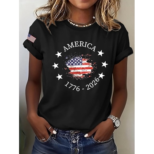 Amerikanischer Unabhängigkeitstag Damen T Shirt Druck Grafik Flagge Buchstabe Vintage Stilvoll Klassisch Kurzarm Rundhalsausschnitt Normale Oberteile Täglich Blau Schwarz Weiß Rote Sommer Frühling Image