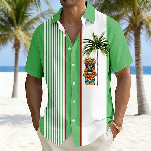 Herren Kokospalme Tropische Pflanzen Tiki Sommer Hawaiihemd Knopfhemd Alohahemd Kurzarm Hawaiianisch Urlaub Ferien Strandbekleidung Sommer Frühling Umlegekragen 3D-Druck Leinenähnliches Hemd Blau Image
