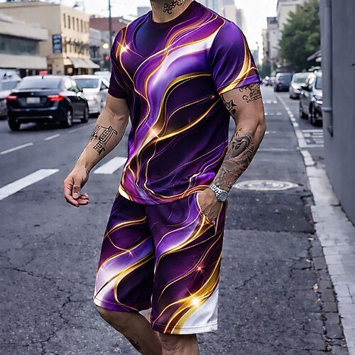 Herren Geometrisch 2St T-Shirts-Sets Sommeroberteile Kurzarm Kurze Hosen Rundhalsausschnitt Lässig Trendy Streetstyle Lässig Täglich Urlaub 3D-Druck Sommer Blau Rote Purpur Image