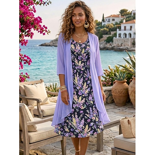 Damen Kleid-Set A Linie Kleid Elegant Urlaub Blumen Grafik Geschichtet Druck Midikleid Halbarm Rundhalsausschnitt Täglich Urlaub Blau Gelb Purpur Sommer Frühling Normale Passform Image