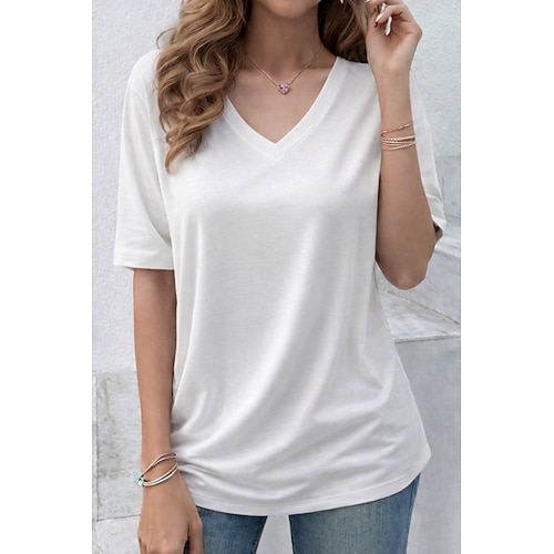 Damen Übergroße T Shirt T-Shirt Einfarbig Elegant Stilvoll Lässig Kurzarm V Ausschnitt Lange Oberteile Täglich Ausgehen Schwarz Weiß Gelb Grau Leicht Blau Sommer Frühling Image