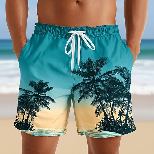 Herren Kokospalme Farbverlauf Tropische Pflanzen Badehosen Badeshorts Boardshorts Mittlere Taille Hawaiianisch Strandurlaub Seitentaschen Netzfutter Elastischer Kordelzug in der Taille Designer Image