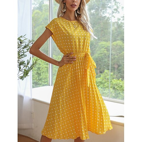 Damen Midikleid A Linie Kleid Urlaub Lässig Outdoor Ausgehen Standard Passform Blumen Grafik Kurzarm Rundhalsausschnitt Schwarz Gelb Rosa Wein Sommer Frühling Image