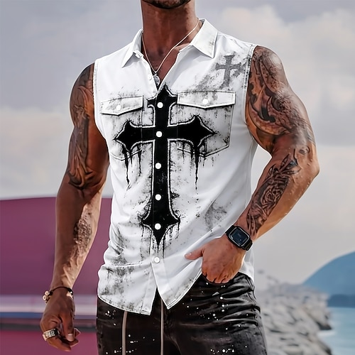 Herren Templer Kreuz Hemd Knopfhemd Ärmelloses Shirt Ärmellos Dunkler Gothic-Stil Outdoor Lässig Sommer Frühling Umlegekragen 3D-Druck Zwei Fronttaschen Blau Weiß Purpur Khaki Image