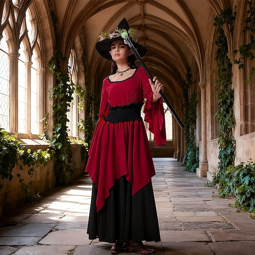 Set Retro Vintage Mittelalterlich Renaissance Bodenlang Kleid Hut Outfits mit Zubehör Hexe Kostüm Unisex Halloween Karneval Party Maskerade Renaissance-Messe Erwachsene Kleid Weitere Accessoires Hut Image