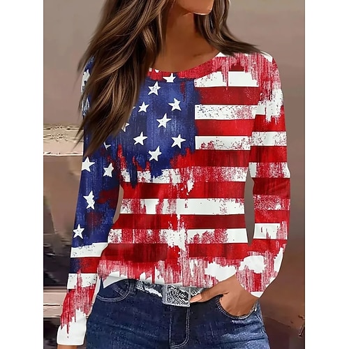 Amerikanischer Unabhängigkeitstag Damen T Shirt Druck Grafik Flagge Amerikanische Flagge Stilvoll Klassisch Lässig Langarm Rundhalsausschnitt Lange Oberteile Täglich Weiß / blau Rote Rot / Blau Image