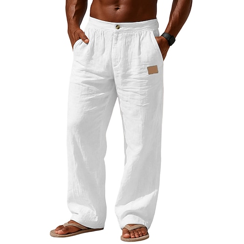 Herren Leinenhosen Hose Sommerhose Baggy-Hosen Strandhose Tasche Gerader Schnitt Einfarbig Komfort Atmungsaktiv Volle Länge Lässig Täglich Outdoor Urlaub Mode Blau Schwarz Unelastisch Image