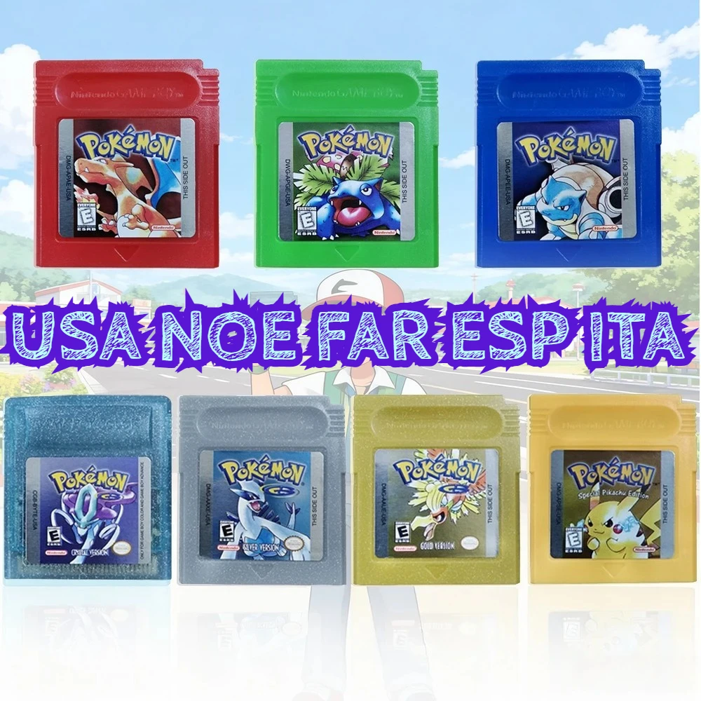 GBC 16-bit Game Video Game Cartridge Console Card Pokemon Red Blue Crystal Golden Green Silver Yellow with Multiple Languages