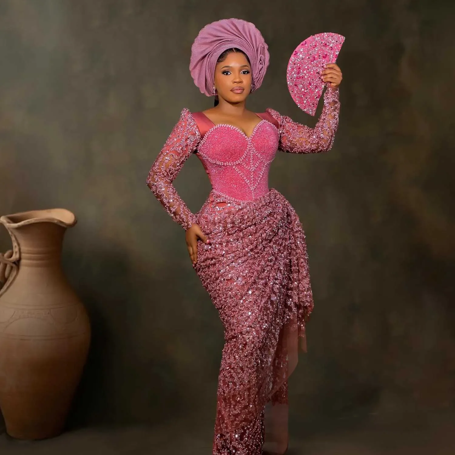 Beautiful Pink Asoebi Bridal Dresses Stunning Nigerian Beaded Lace Prom Gowns Tradition Beading African Wedding Party Gowns