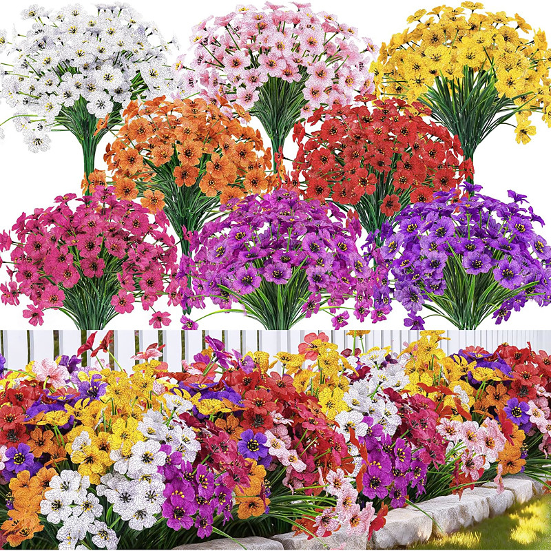 24 Bundles Artificial Flowers for Outdoor UV Resistant Faux Pants Spring Flowers for Outdoor Planters Wedding Home Garden Patio Porch Decor (8 Colors)