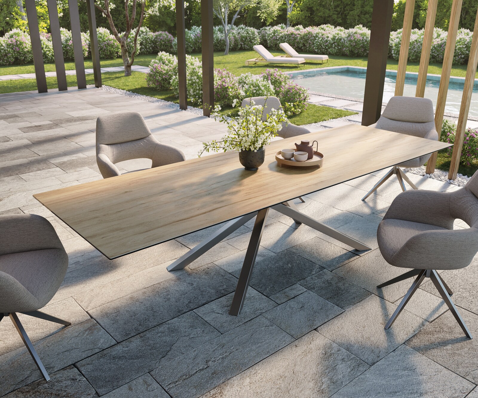 DELIFE Outdoortisch Edge 300x100 cm Keramik Laminam® Sabbia Eichefarbig Kreuzgestell Rechteck Edelstahl, Outdoortische