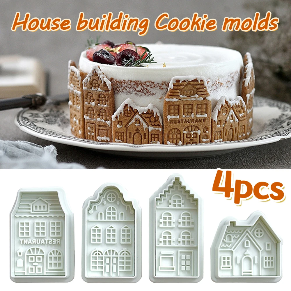 4 teile/satz Weihnachten Form Weihnachten Kunststoff Haus Keks Form 3D Cartoon Cookie Muster Form Keks Form Cookie Cutter Sugarcraft Image