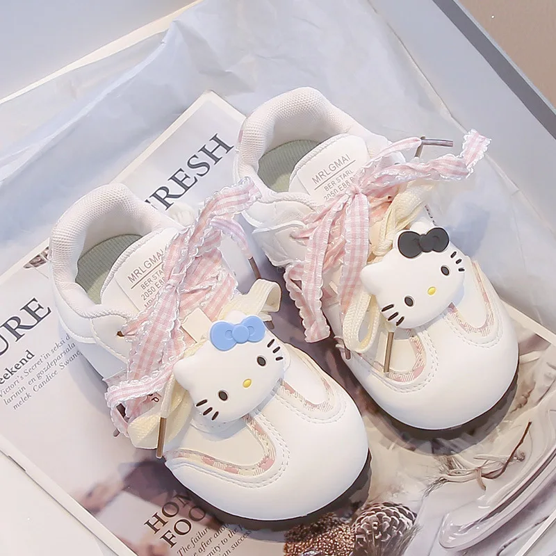 Kinder-Freizeitschuhe, Turnschuhe, Cartoon-Hallo-Kitty-Schleife, PU-Leder für Mädchen, bedruckt, rutschfest, atmungsaktiv, blau, rosa Schuhe, Größe 28–38