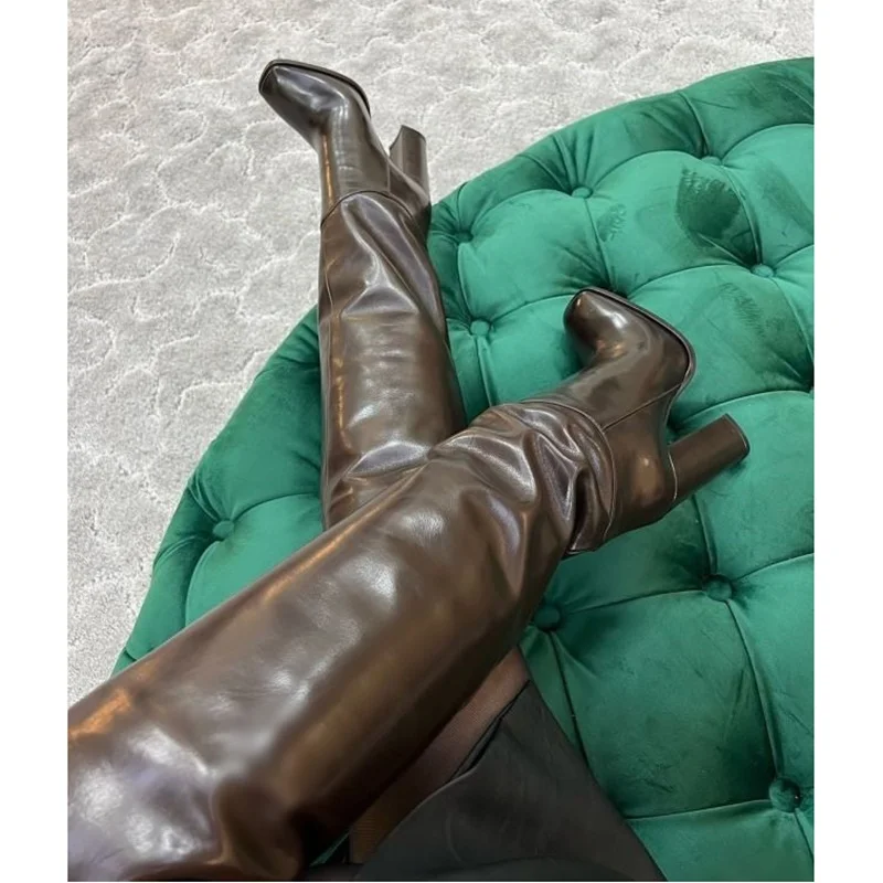 Braun Über Knie Hohe Leder Stiefel Matte Chunky Ferse Sexy Modische Kühlen Winter Casual Große Größe Frau Schuhe Zapatillas Mujer