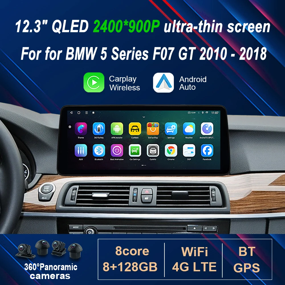 Für BMW 5er F07 GT 2010–2018 Wireless Carplay 12,3 Zoll ultradünner Android 14 GPS 4G WIFI Autoradio Video Multimedia Player Image