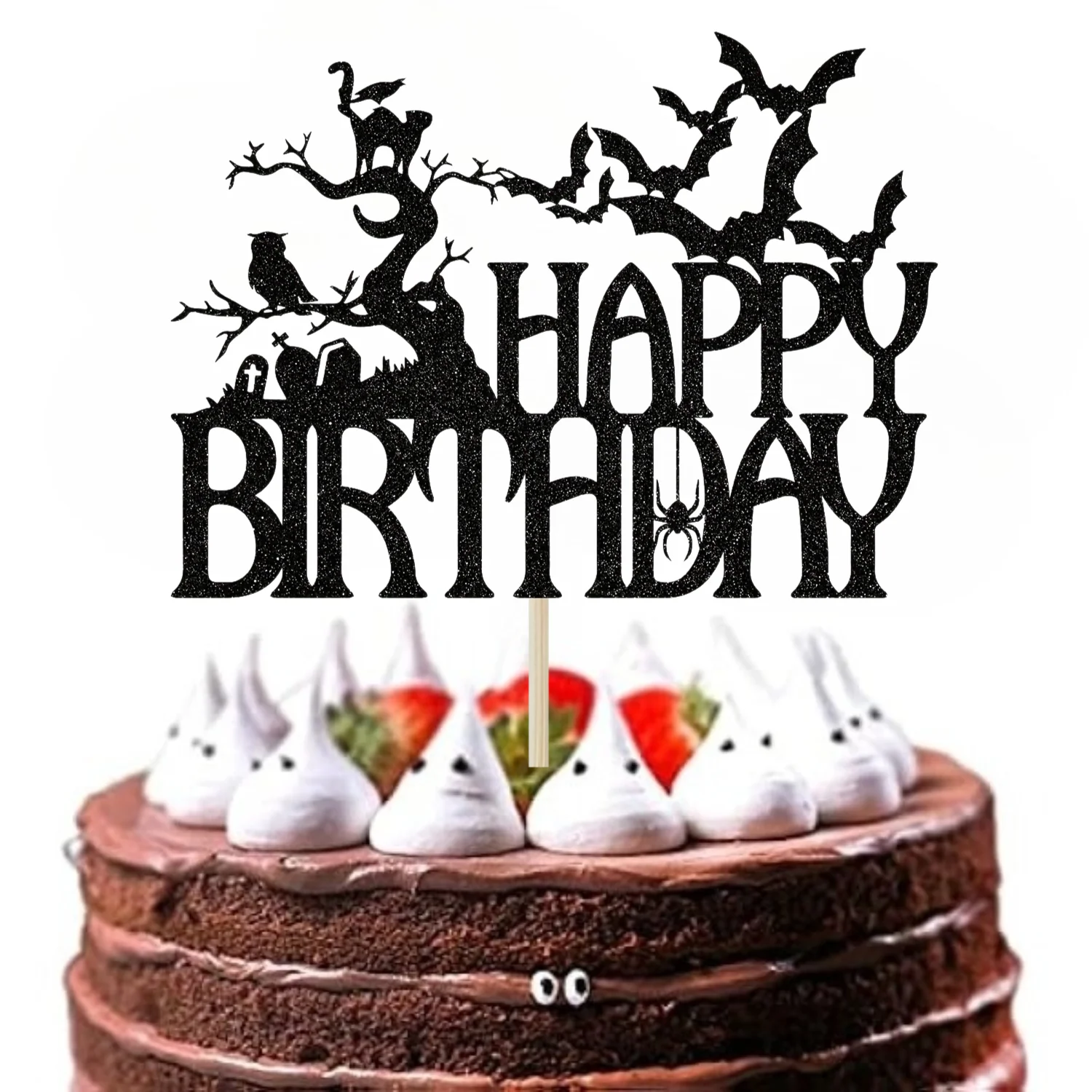1 Stück Halloween-Kuchenaufsatz „Happy Birthday“, gruseliges Spukhaus, schwarzes Glitzer-Kuchenzubehör Image