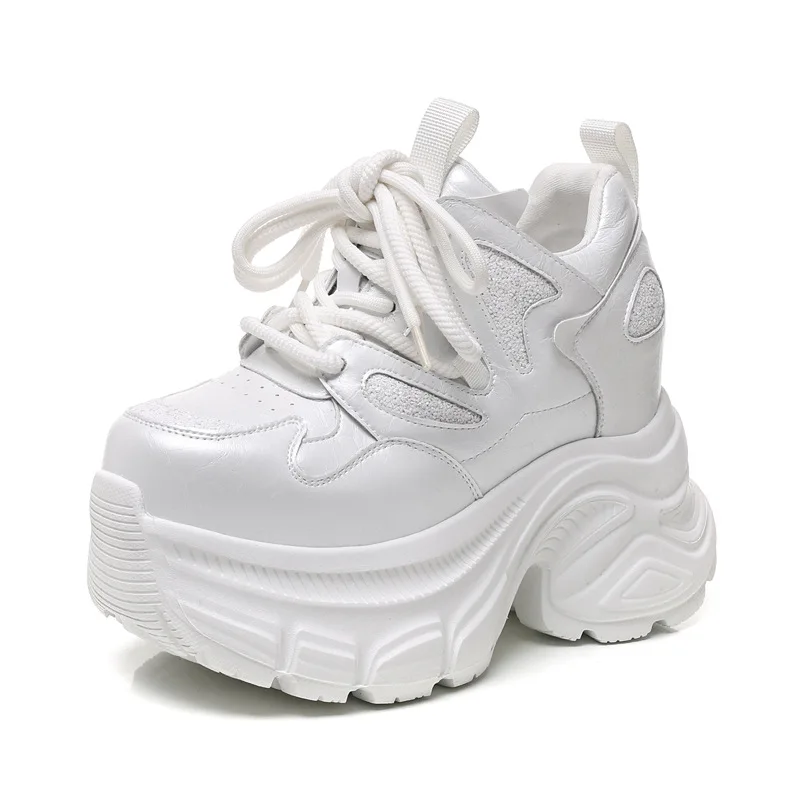 12 cm Mikrofaser Leder Chunky Sneaker Loafer Frühling Herbst Plattform Keil Vulkanisieren Vulkanisieren Hohe Kleie Frauen Schuhe