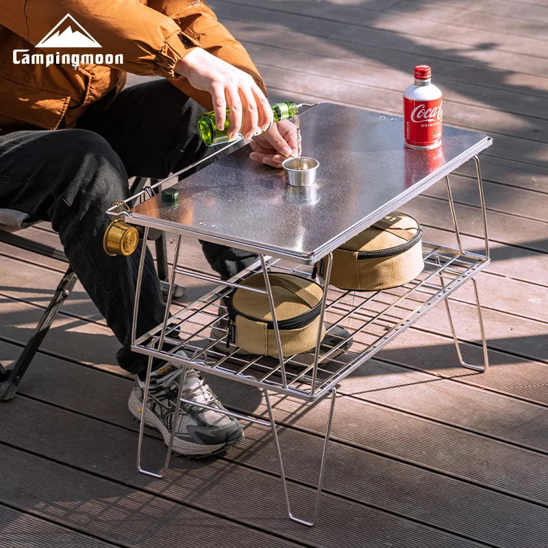 CAMPINGMOON T-235A Set Edelstahl leichter Aufbewahrungstisch, Picknick-Camping multifunktionaler tragbarer Klapptisch