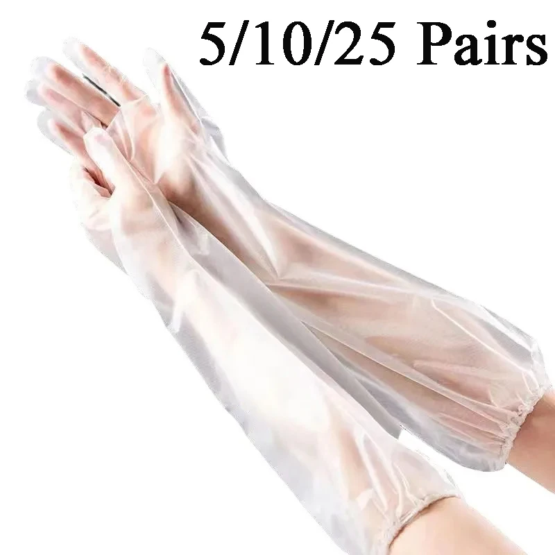 5/10/25 Paar Handschuhe Langarm Wasserdicht Einweg-Haushaltsreinigungswerkzeug Elastischer Kordelzug Verlängerte CPE-Geschirrspülhandschuhe Image
