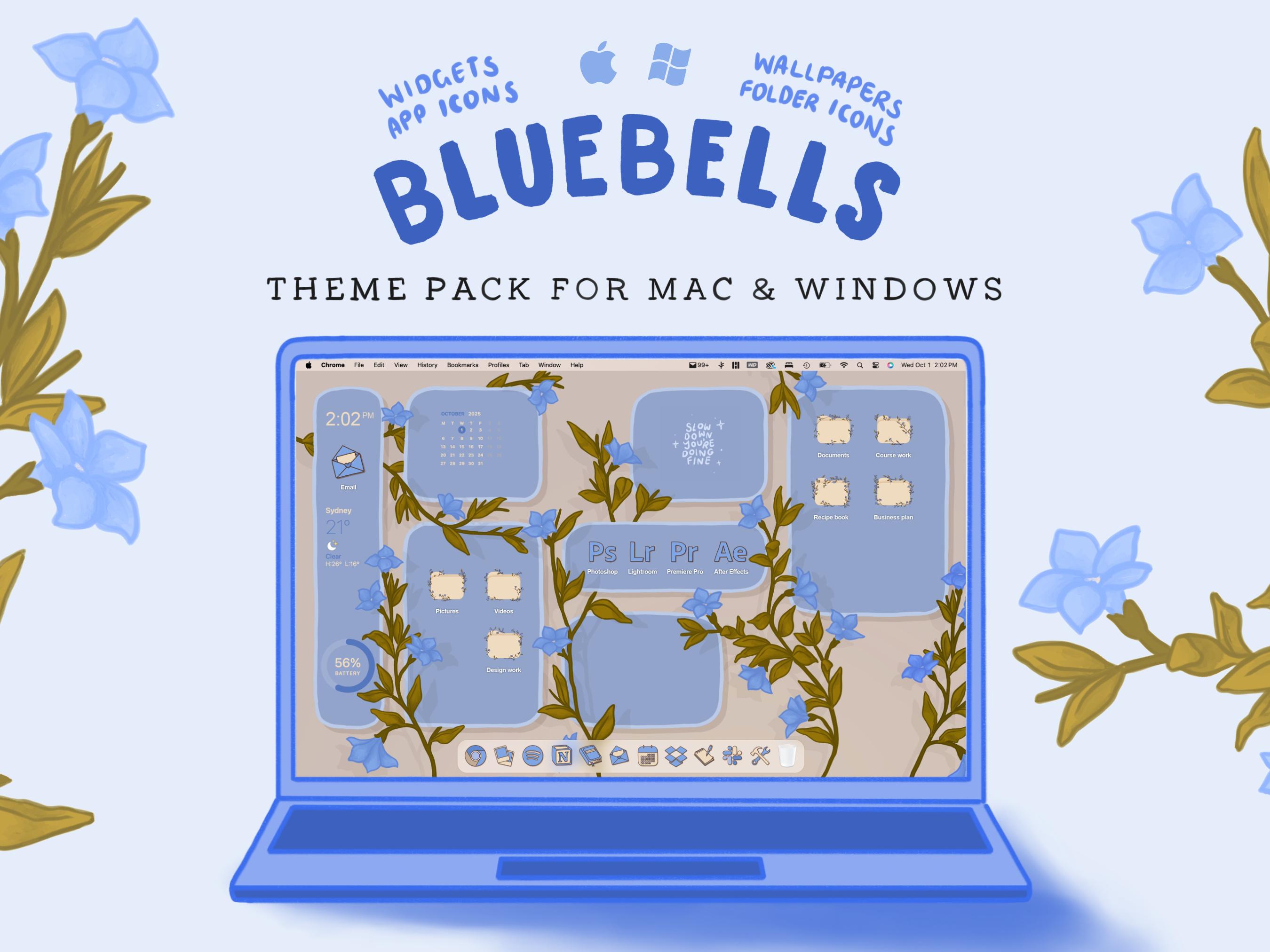 Set di sfondi per desktop, organizer per desktop blu con icone per app desktop, widget, icone per cartelle, tema per sfondo organizer per desktop dise