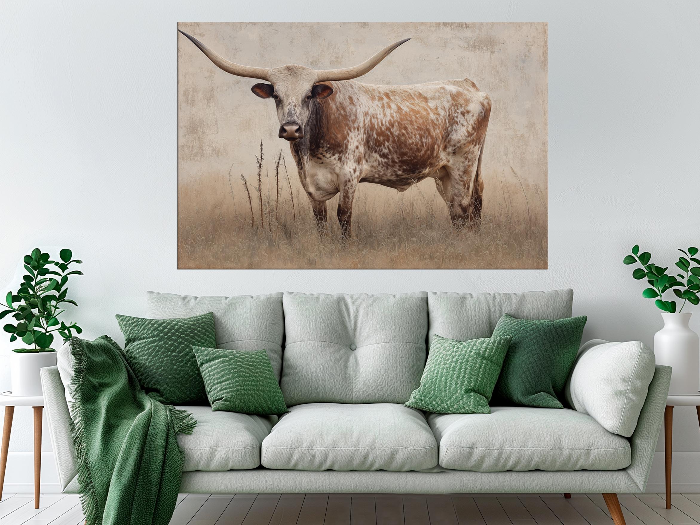 Stampa su tela raffigurante un Longhorn del Texas, stampa rustica di bovini del West, decorazione murale del Longhorn del West, dipinto su tela in sti