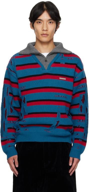 Stripe Jacquard Half Zip Sweater - Blue - ANDERSSON BELL Knitwear
